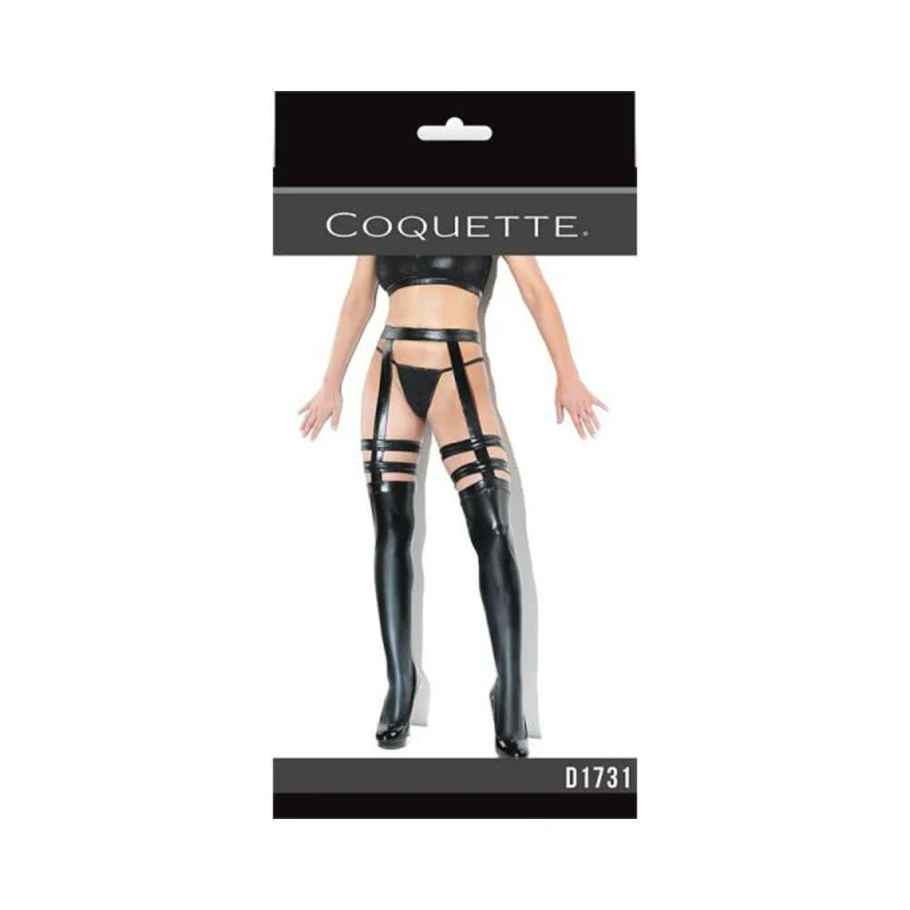 Coquette Thigh-high Wetlook Stockings With Garters Black Osq
