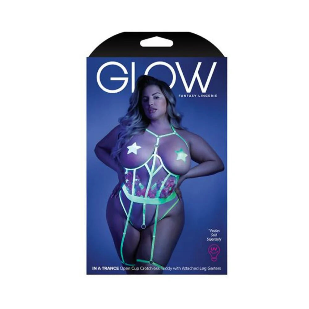 Glow In A Trance Floral Embroidered Open-cup Crotchless Teddy With Attached Leg Garters Neon Chartre