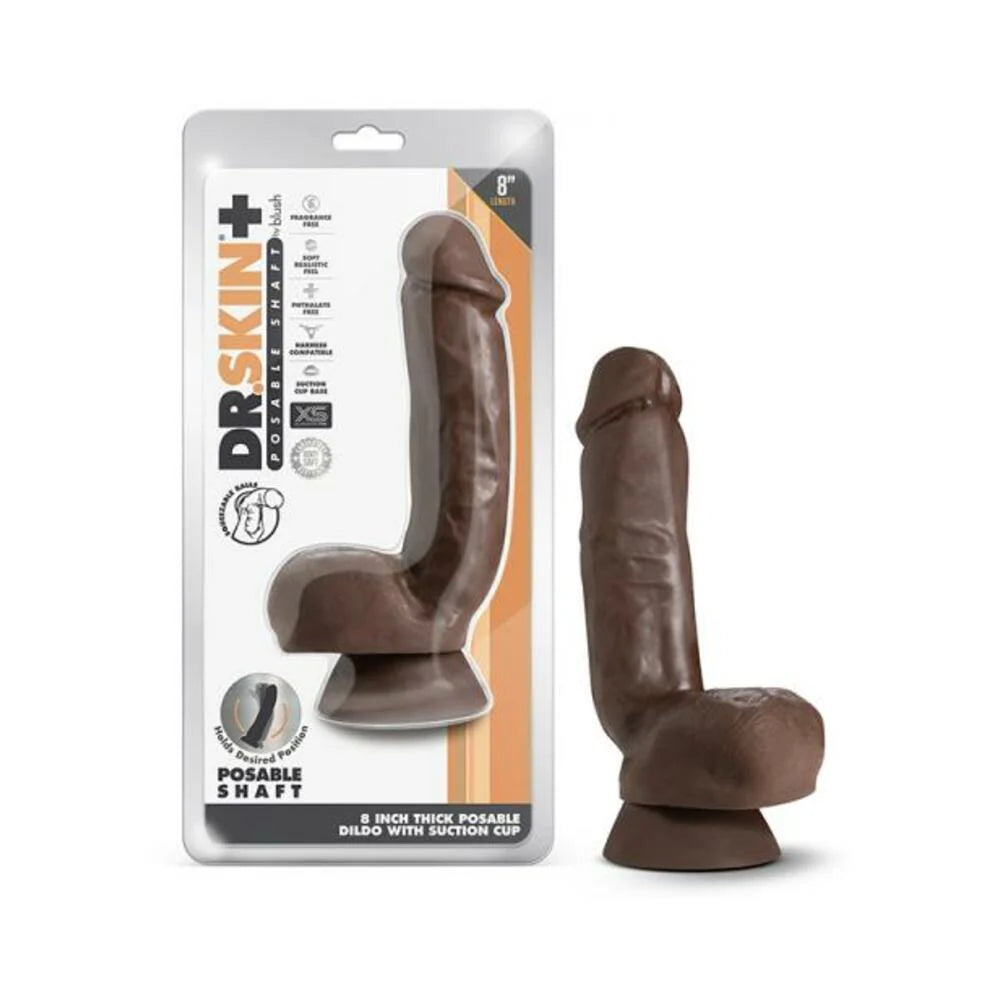 Dr. Skin Plus Thick Posable Dildo With Squeezable Balls 8 In. Chocolate
