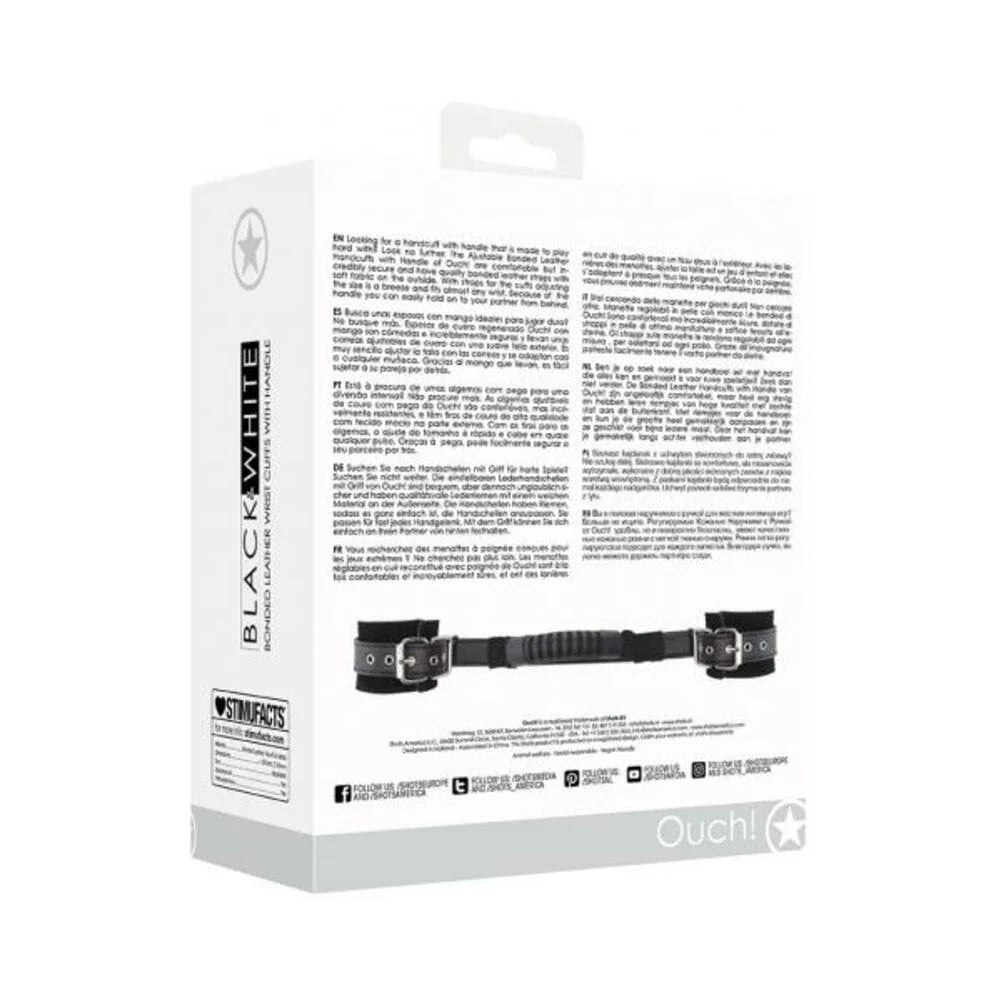 Ouch! Black & White Bonded Leather Hand Cuffs With Handle With Adjustable Straps Black