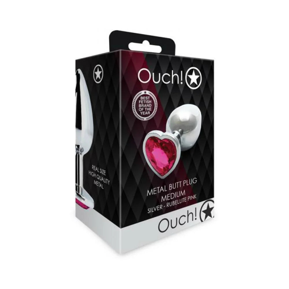 Shots Ouch! Heart Gem Butt Plug Medium Silver/rubellite Pink