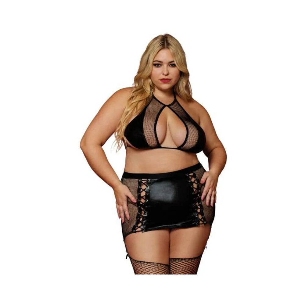 Faux-leather Bralette & Garter Skirt Set Black Q/s