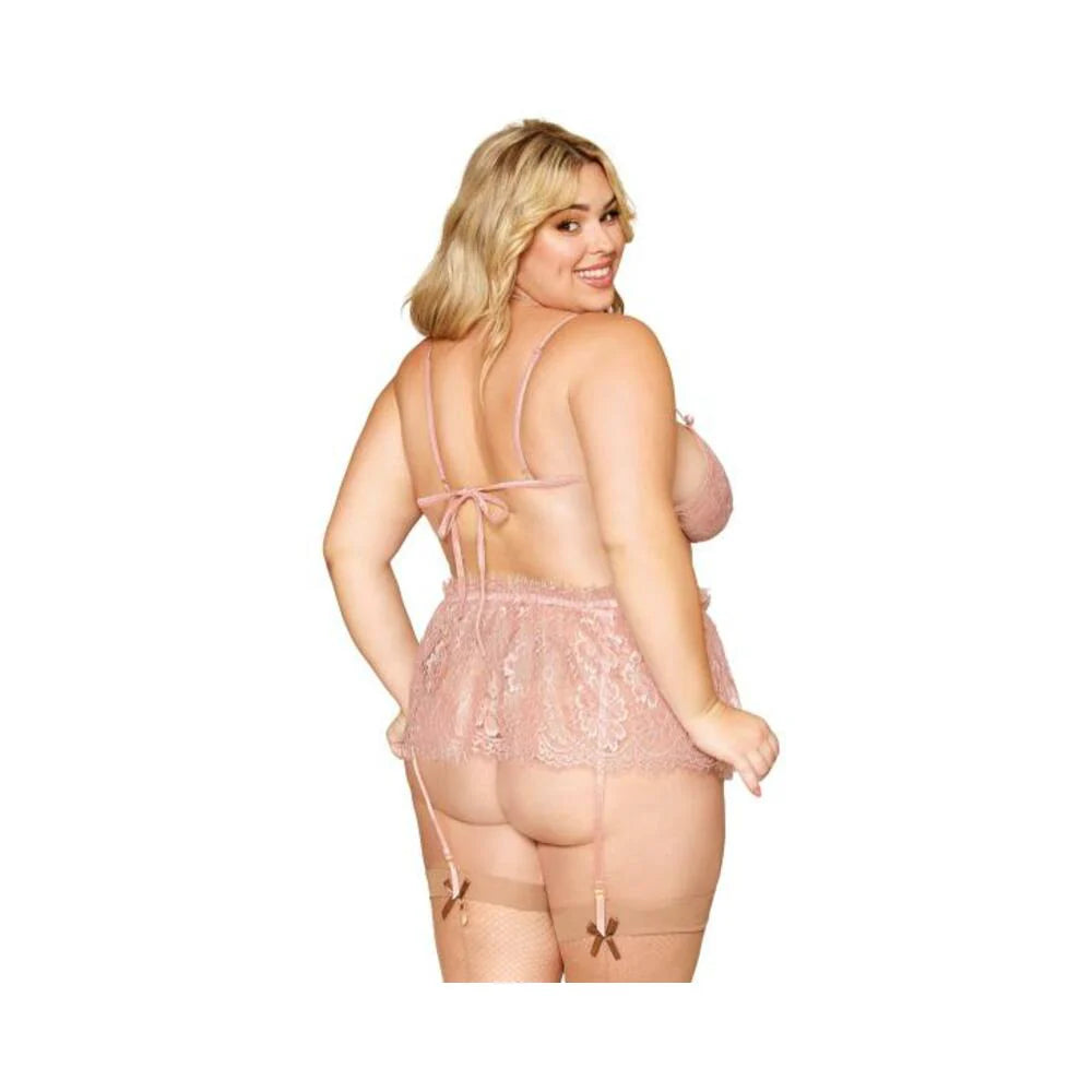 Eyelash Lace Bralette Garter Skirt Set Rose Quartz Q/s