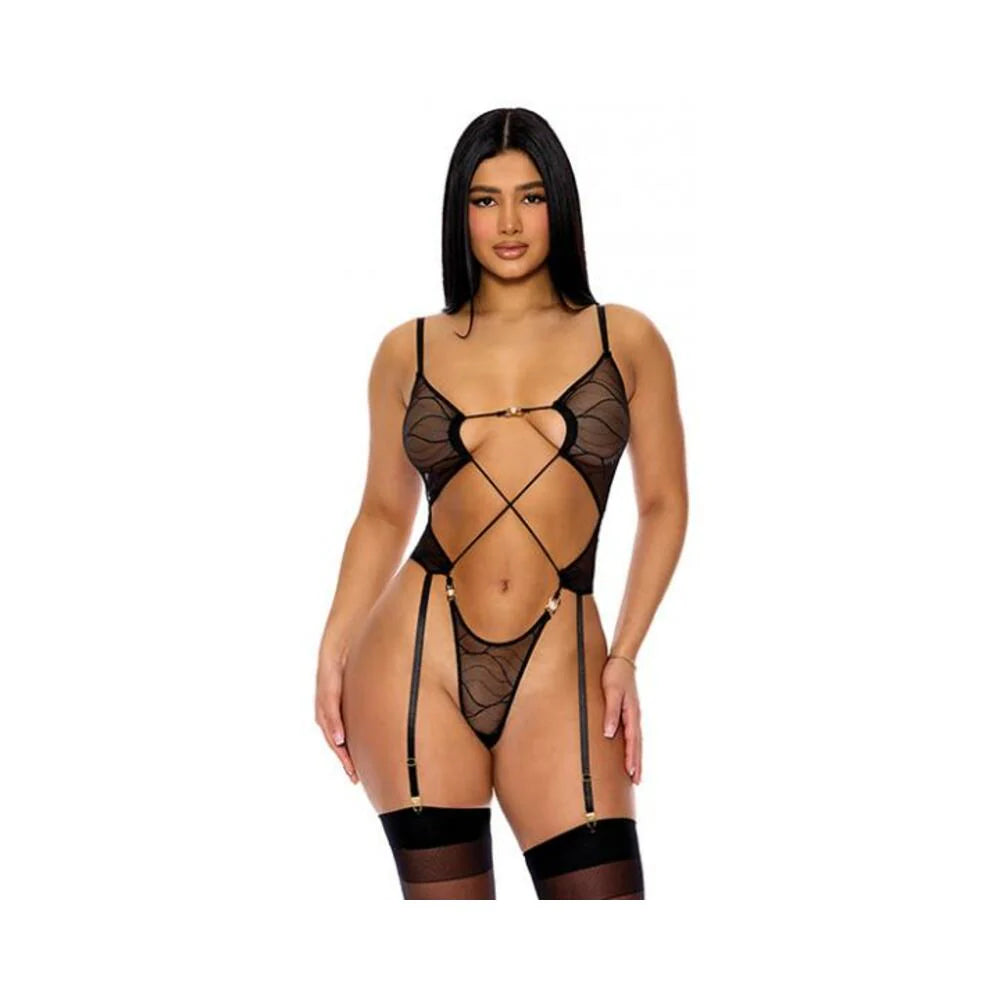 Pull My Strings Sheer Mesh Teddy W/garters & Faux Pearl Details - Black Sm